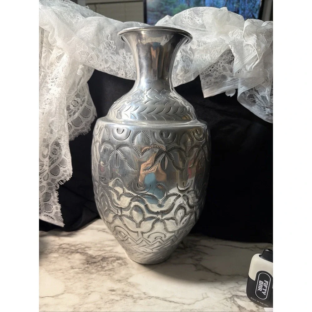 VTG Handcrafted Silver Metal Vase Indian Hammered 14